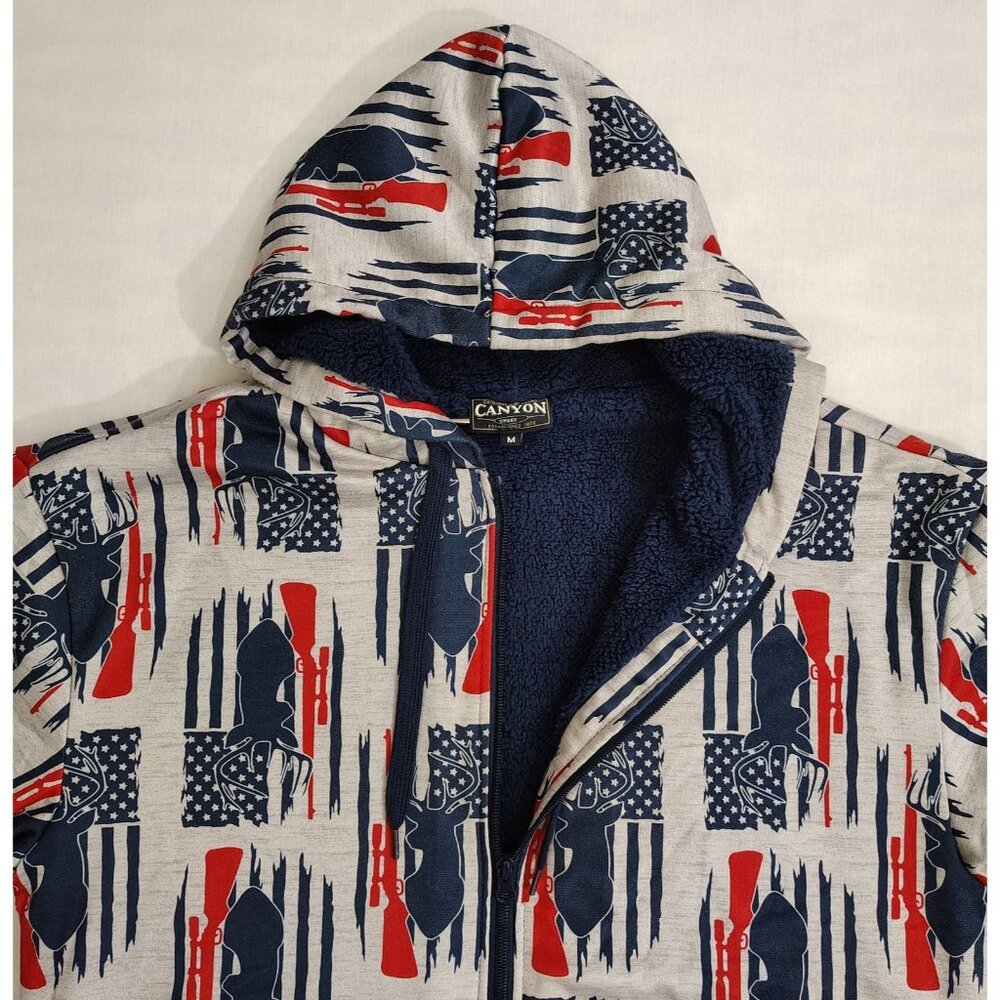 Canyon Creek Hooded Sweatshirt Sz Medium Deer Huning American Flag Sherpa Lining - Picture 4 of 16